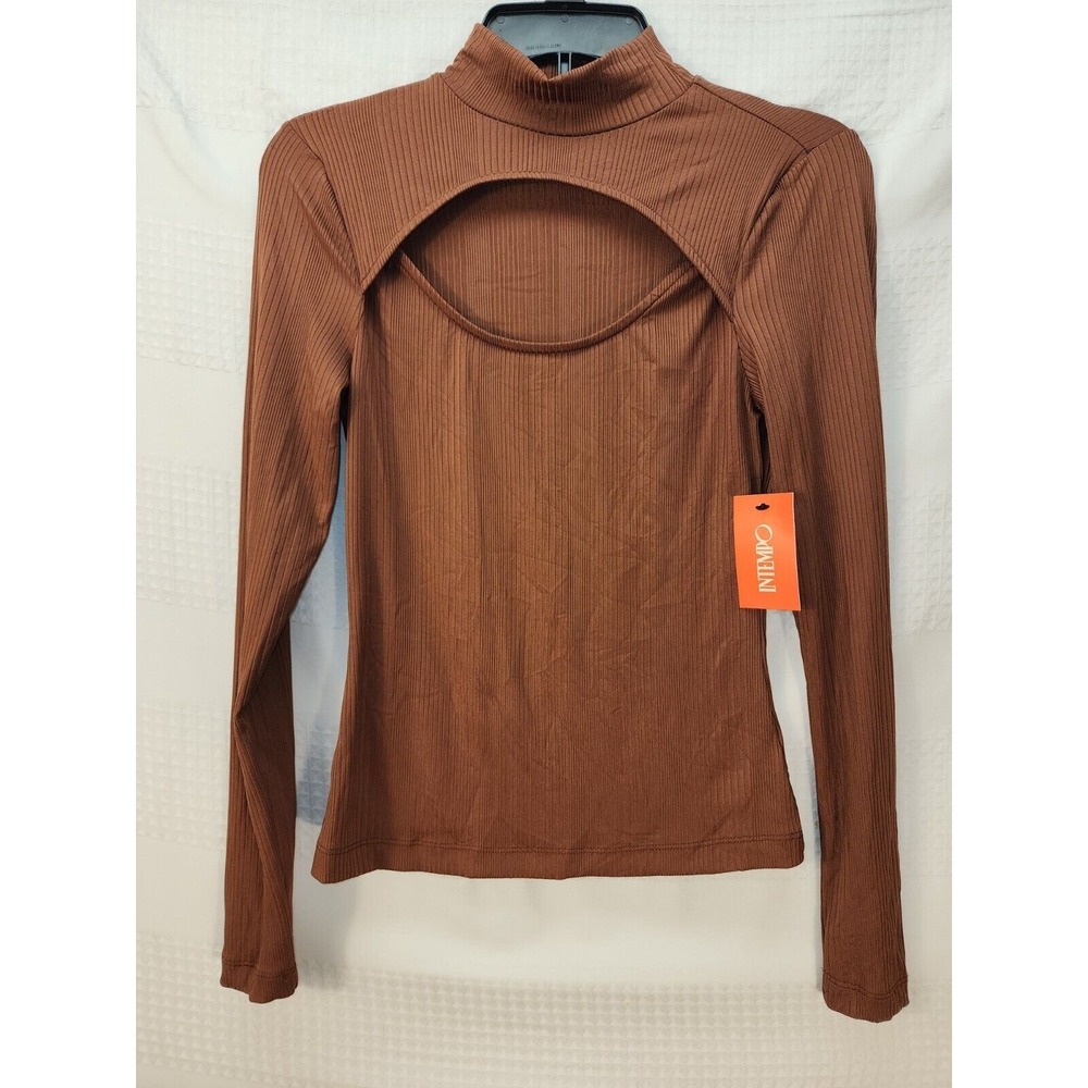 Intempo Brown Ribbed Keyhole Long Sleeve High Neck Top Womens Small NEW